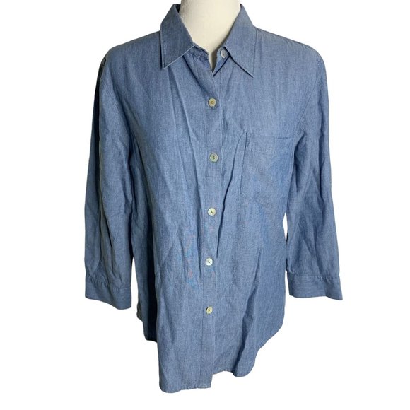 Vintage 90s Button Up Chambray Shirt 8 Blue Denim Pockets 3/4 Sleeves Collared - Picture 1 of 6